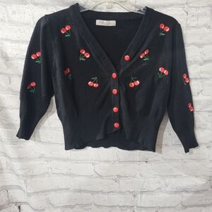 Cherry Embroidered Black Cardigan